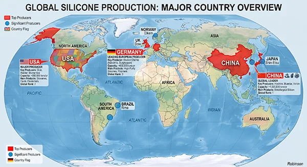 world map showing major silicone production countries with China, USA, and Germany highlighted